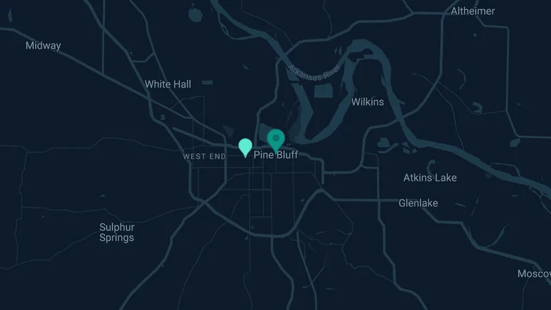Map of Pine Bluff, Arkansas: 2 documented asbestos exposure sites
