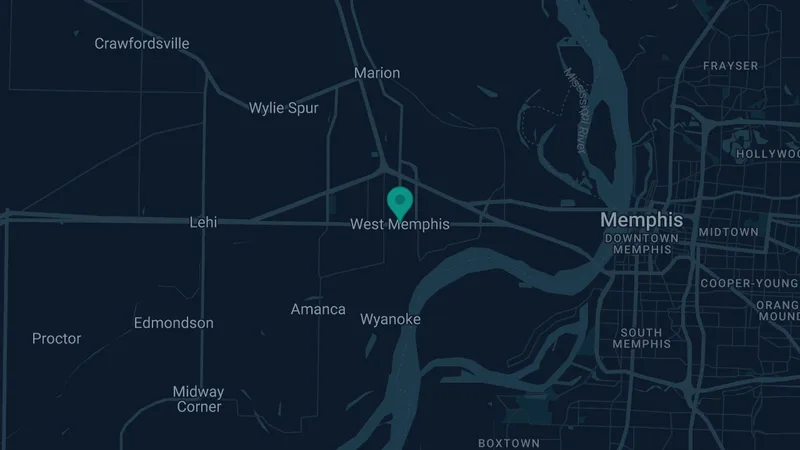 Map of W. Memphis, Arkansas: 2 documented asbestos exposure sites