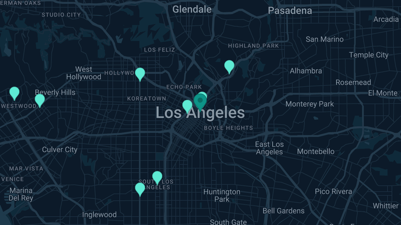 Map of Los Angeles, California — 14 documented asbestos exposure sites