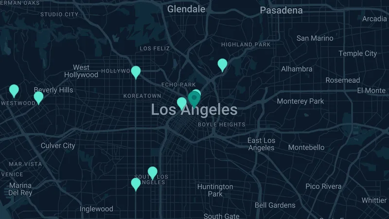 Map of Los Angeles, California: 14 documented asbestos exposure sites