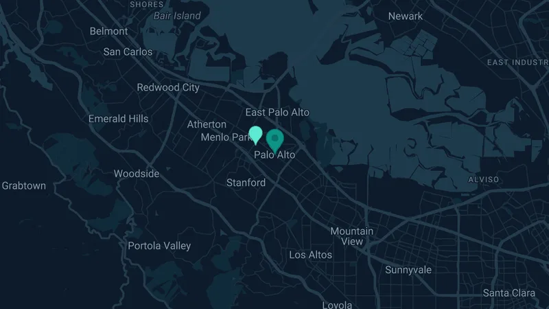 Map of Palo Alto, California: 2 documented asbestos exposure sites