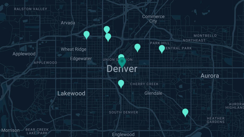 Map of Denver, Colorado — 21 documented asbestos exposure sites