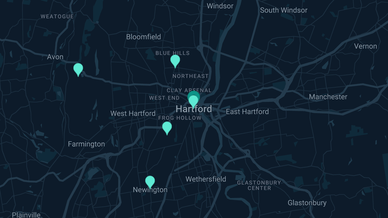 Map of Hartford, Connecticut — 5 documented asbestos exposure sites