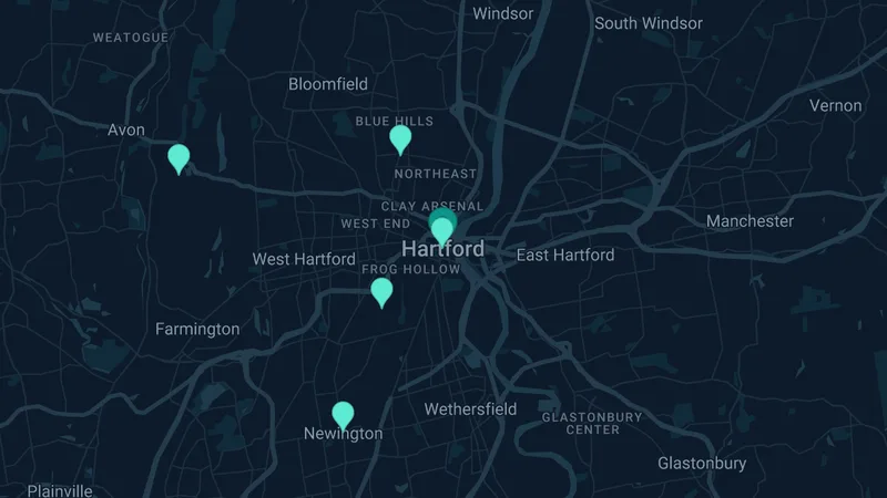 Map of Hartford, Connecticut: 5 documented asbestos exposure sites