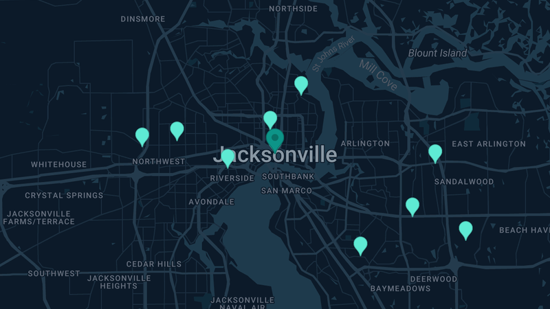 Map of Jacksonville, Florida — 15 documented asbestos exposure sites