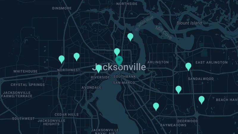 Map of Jacksonville, Florida: 15 documented asbestos exposure sites