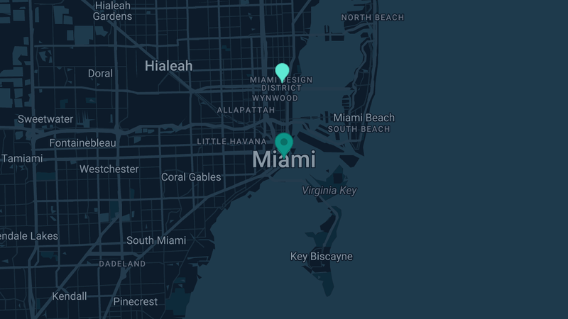Map of Miami, Florida — 13 documented asbestos exposure sites