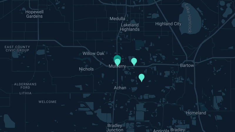 Map of Mulberry, Florida — 5 documented asbestos exposure sites