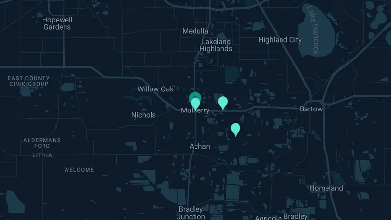 Map of Mulberry, Florida: 5 documented asbestos exposure sites