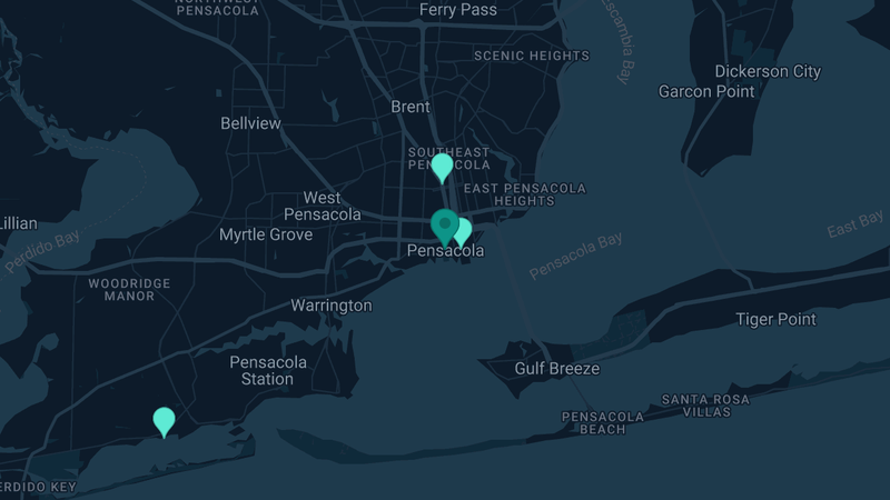 Map of Pensacola, Florida — 3 documented asbestos exposure sites
