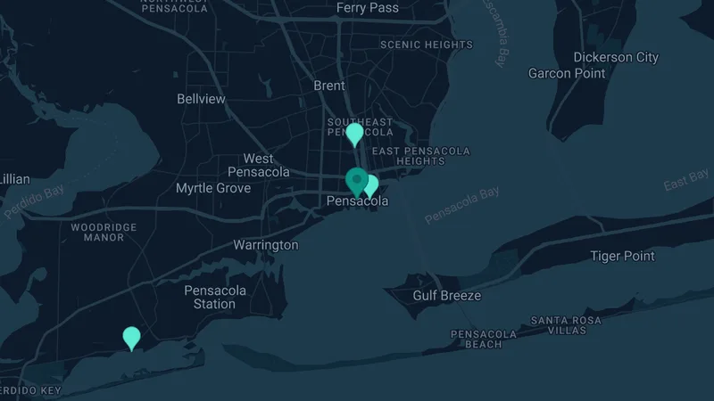 Map of Pensacola, Florida: 3 documented asbestos exposure sites