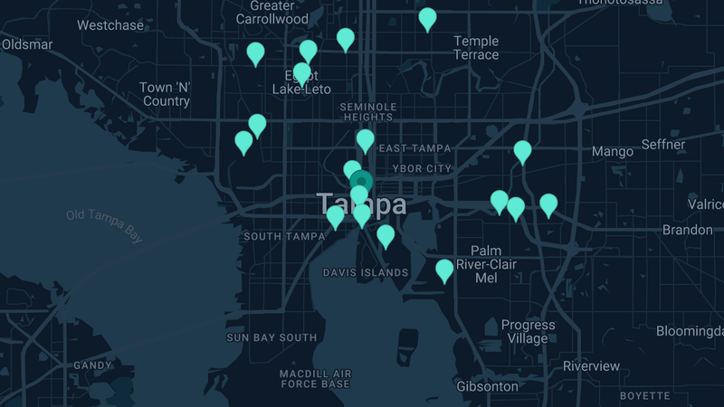 Map of Tampa, Florida — 29 documented asbestos exposure sites