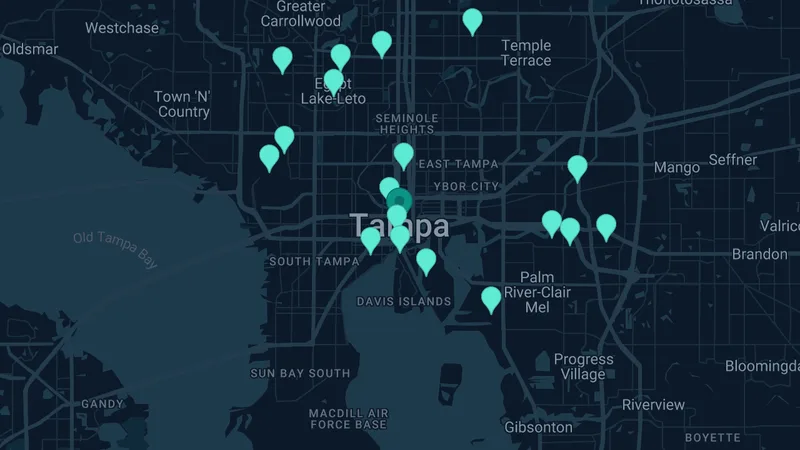 Map of Tampa, Florida: 29 documented asbestos exposure sites