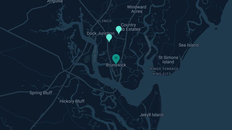 Map of Brunswick, Georgia — 4 documented asbestos exposure sites