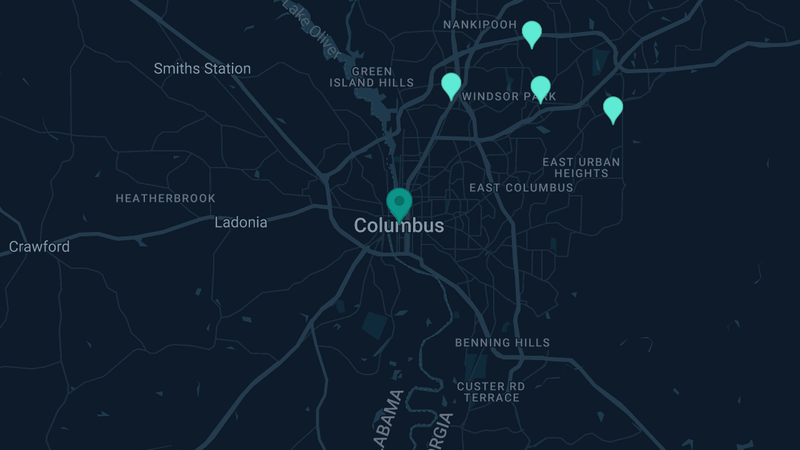 Map of Columbus, Georgia — 9 documented asbestos exposure sites