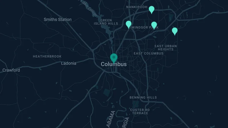 Map of Columbus, Georgia: 9 documented asbestos exposure sites