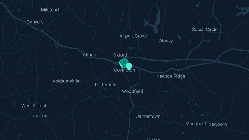 Map of Covington, Georgia — 3 documented asbestos exposure sites