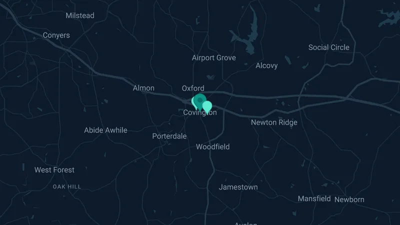 Map of Covington, Georgia: 3 documented asbestos exposure sites