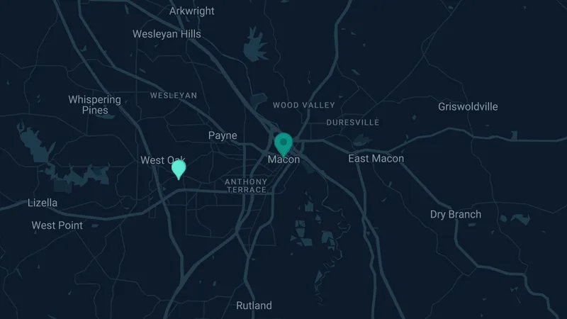Map of Macon, Georgia: 3 documented asbestos exposure sites