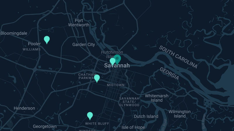 Map of Savannah, Georgia — 10 documented asbestos exposure sites