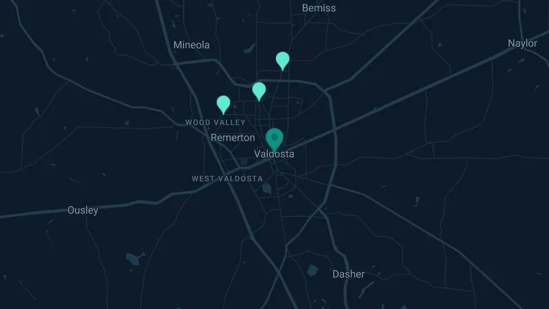 Map of Valdosta, Georgia: 5 documented asbestos exposure sites