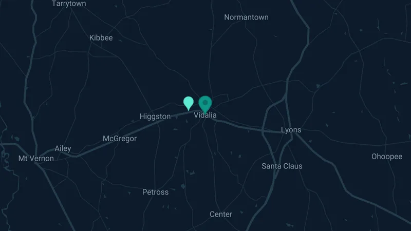 Map of Vidalia, Georgia: 2 documented asbestos exposure sites