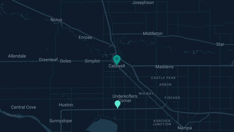 Map of Caldwell, Idaho — 3 documented asbestos exposure sites