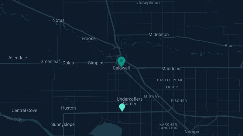 Map of Caldwell, Idaho: 3 documented asbestos exposure sites