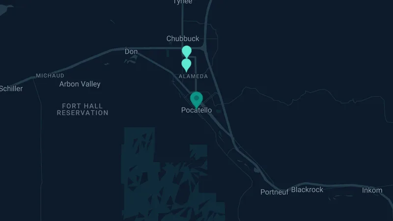 Map of Pocatello, Idaho: 3 documented asbestos exposure sites