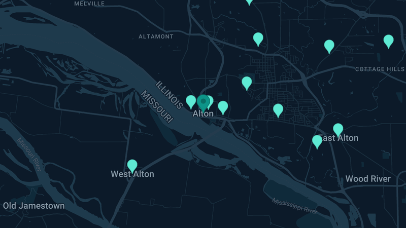 Map of Alton, Illinois — 32 documented asbestos exposure sites