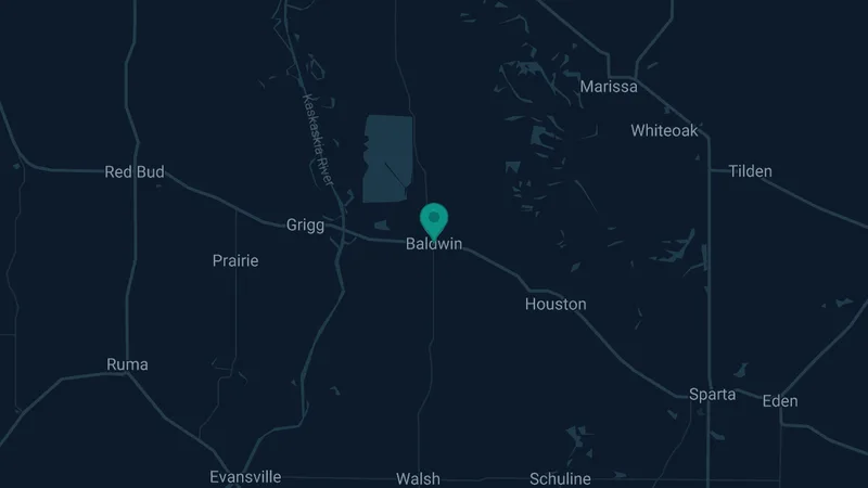 Map of Baldwin, Illinois: 2 documented asbestos exposure sites