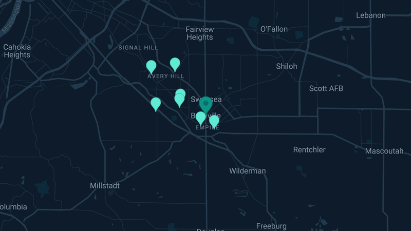 Map of Belleville, Illinois — 25 documented asbestos exposure sites