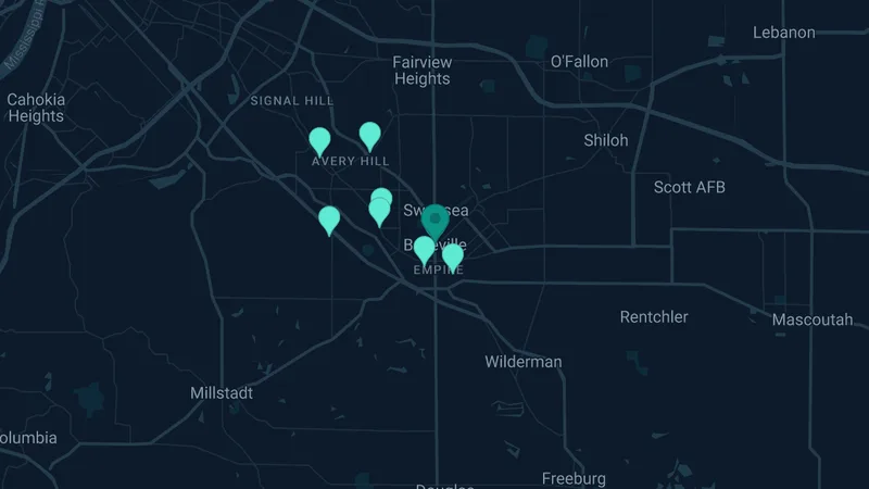 Map of Belleville, Illinois: 25 documented asbestos exposure sites