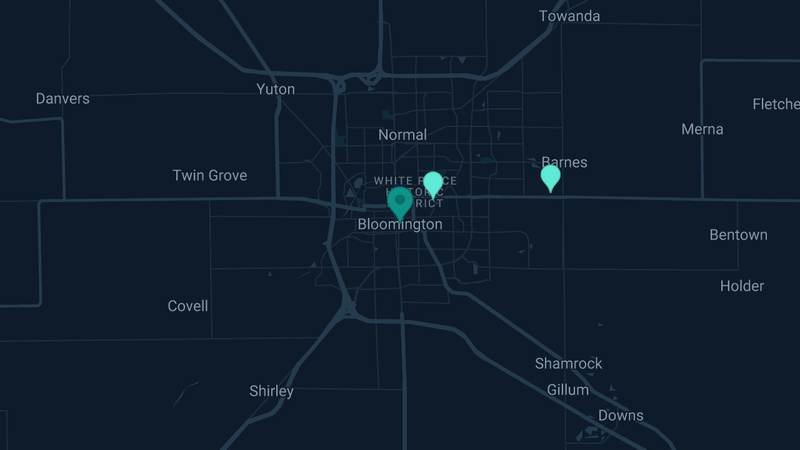 Map of Bloomington, Illinois — 2 documented asbestos exposure sites