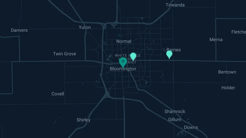 Map of Bloomington, Illinois: 2 documented asbestos exposure sites