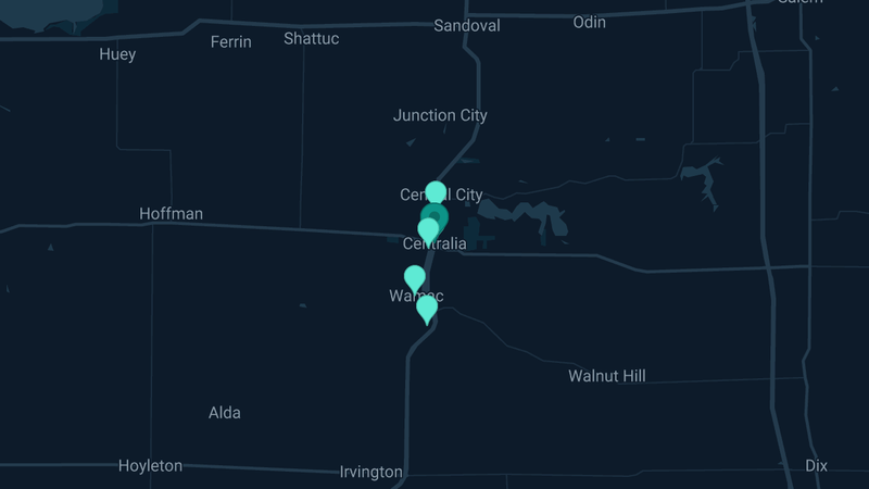 Map of Centralia, Illinois — 15 documented asbestos exposure sites