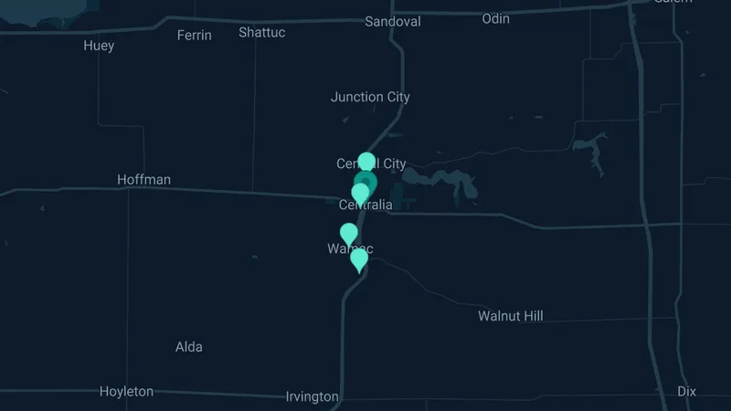 Map of Centralia, Illinois: 15 documented asbestos exposure sites