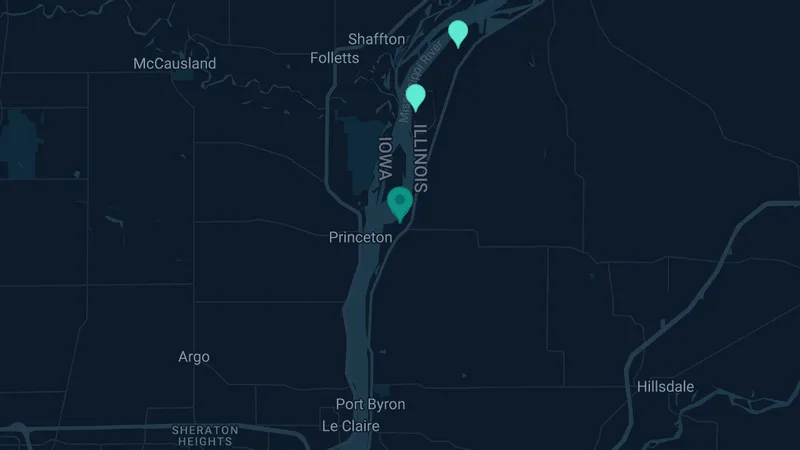 Map of Cordova, Illinois: 3 documented asbestos exposure sites