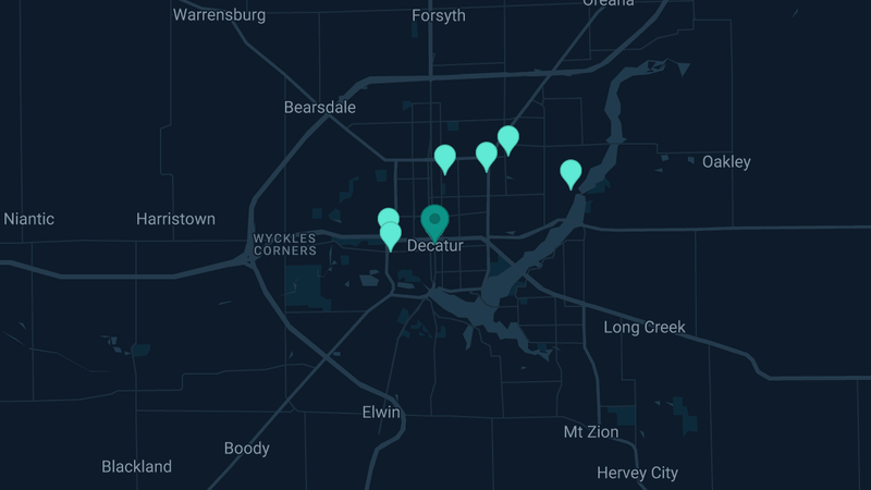 Map of Decatur, Illinois — 12 documented asbestos exposure sites