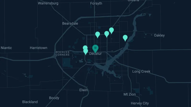 Map of Decatur, Illinois: 12 documented asbestos exposure sites