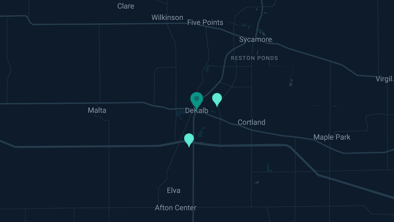 Map of DeKalb, Illinois — 4 documented asbestos exposure sites
