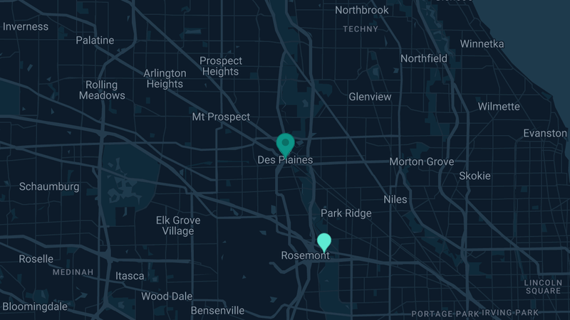 Map of Des Plaines, Illinois — 2 documented asbestos exposure sites
