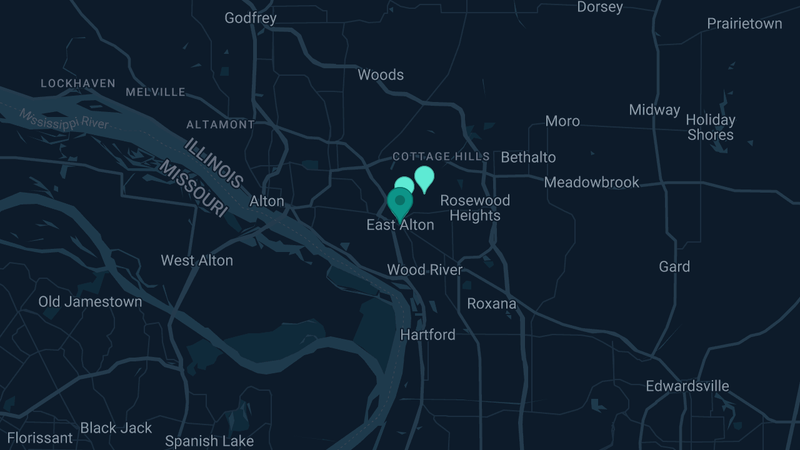 Map of East Alton, Illinois — 9 documented asbestos exposure sites