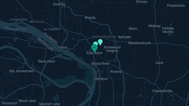 Map of East Alton, Illinois: 9 documented asbestos exposure sites