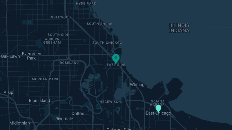 Map of East Chicago, Illinois — 6 documented asbestos exposure sites