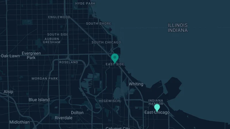 Map of East Chicago, Illinois: 6 documented asbestos exposure sites