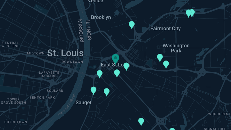 Map of East St. Louis, Illinois — 38 documented asbestos exposure sites