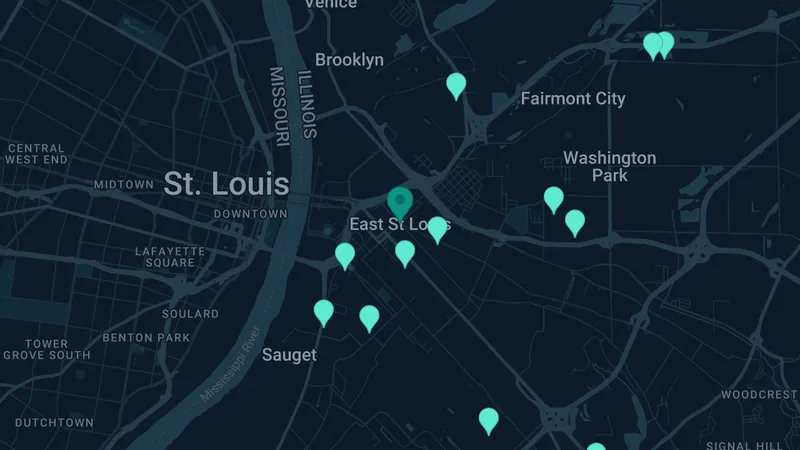 Map of East St. Louis, Illinois: 38 documented asbestos exposure sites