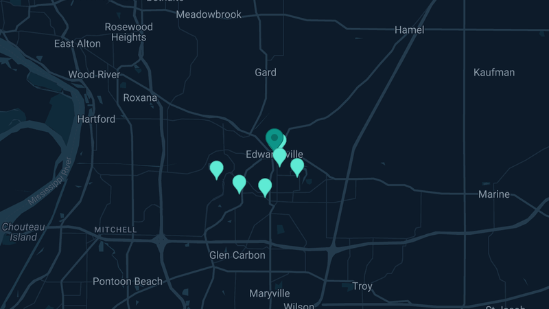 Map of Edwardsville, Illinois — 17 documented asbestos exposure sites