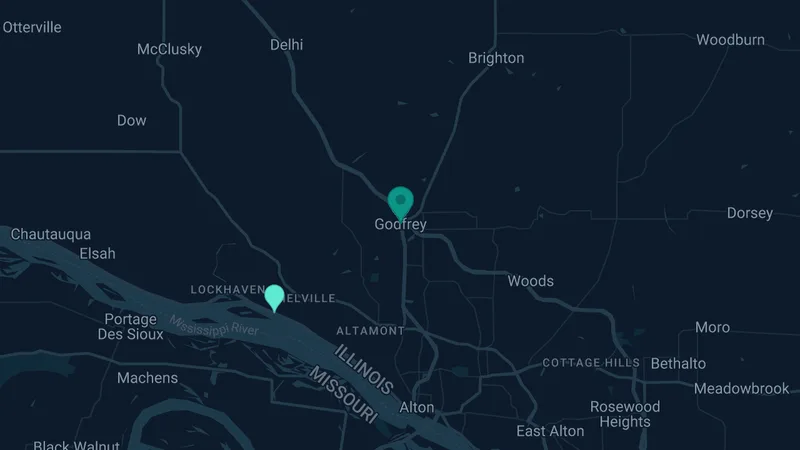 Map of Godfrey, Illinois: 2 documented asbestos exposure sites